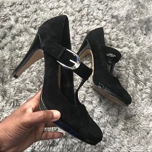 Franco Sarto Nalia T-Strap Black Suede Heels 7.5M
